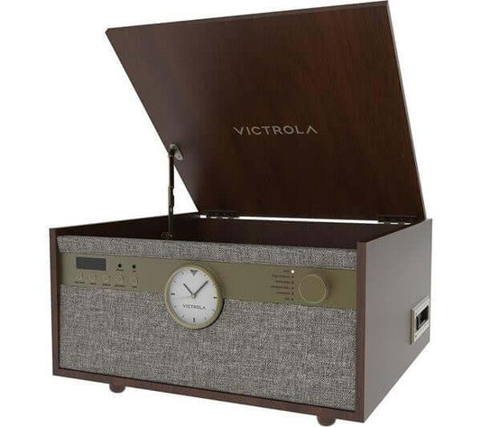 VICTROLA CENTURY VTA-830SB BELT DRIVE MUSIC CENTRE CD FM CASSETTE WALNUT NEW in walnut finish with open lid.