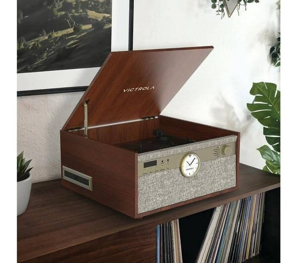 VICTROLA CENTURY VTA-830SB BELT DRIVE MUSIC CENTRE CD FM CASSETTE WALNUT NEW displayed on a shelf.