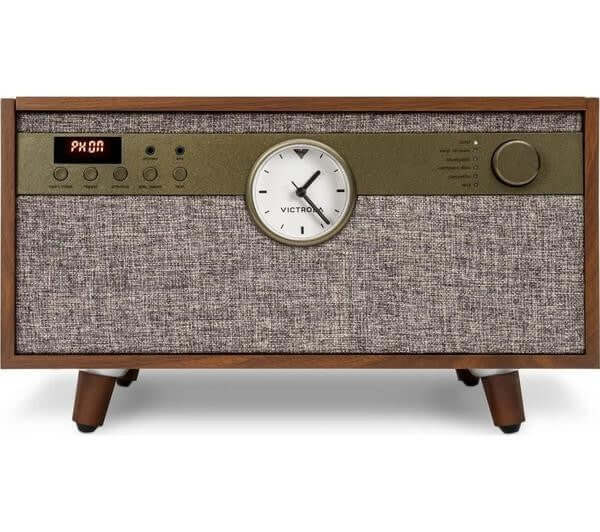 VICTROLA CENTURY VTA-830SB BELT DRIVE MUSIC CENTRE CD FM CASSETTE WALNUT NEW image showcasing its retro design and features.