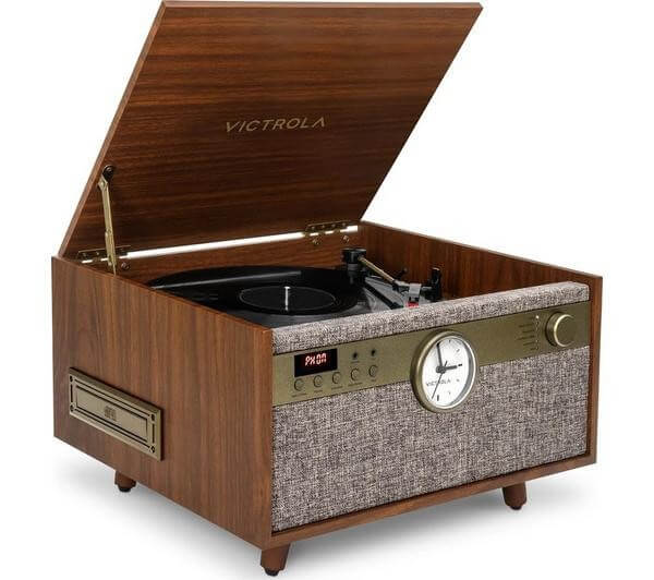 VICTROLA CENTURY VTA-830SB BELT DRIVE MUSIC CENTRE CD FM CASSETTE WALNUT NEW with turntable and built-in clock.